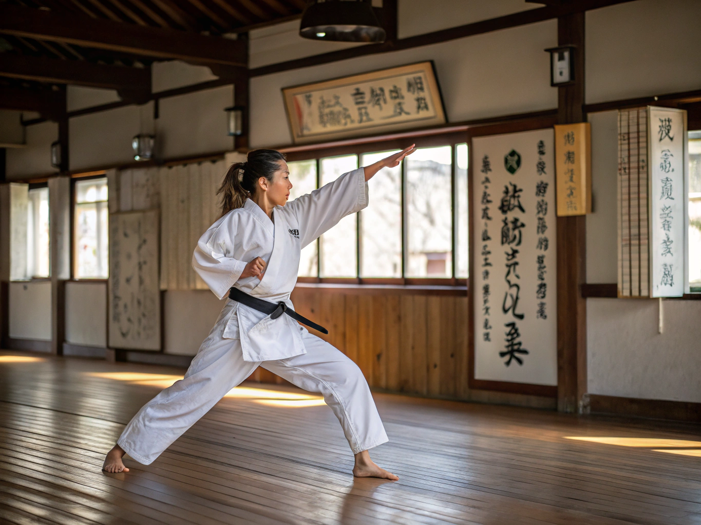 Elena De Vries die een aikido-techniek uitlegt aan een leerling