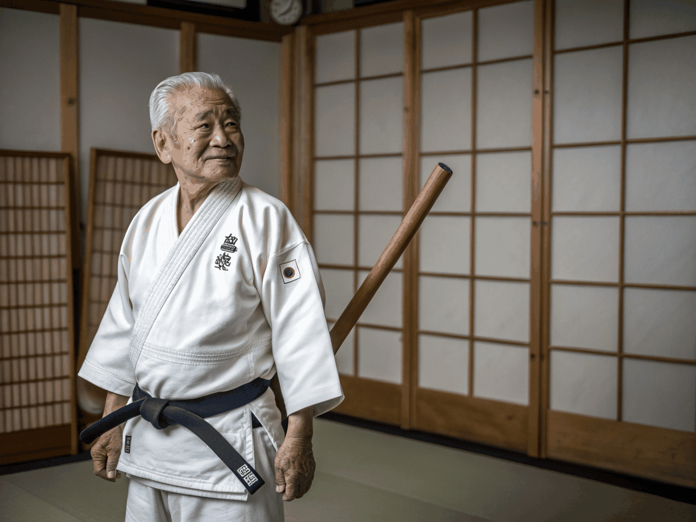Hiroshi Tanaka in traditionele aikido-gi tijdens een demonstratie